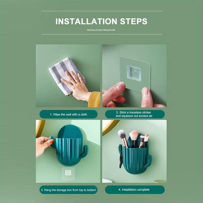 Toothbrush Holder Wall Self-Adhesive Seamless Cactus Storage Rack Box Organizer Bathroom Shelf Shower Accessories