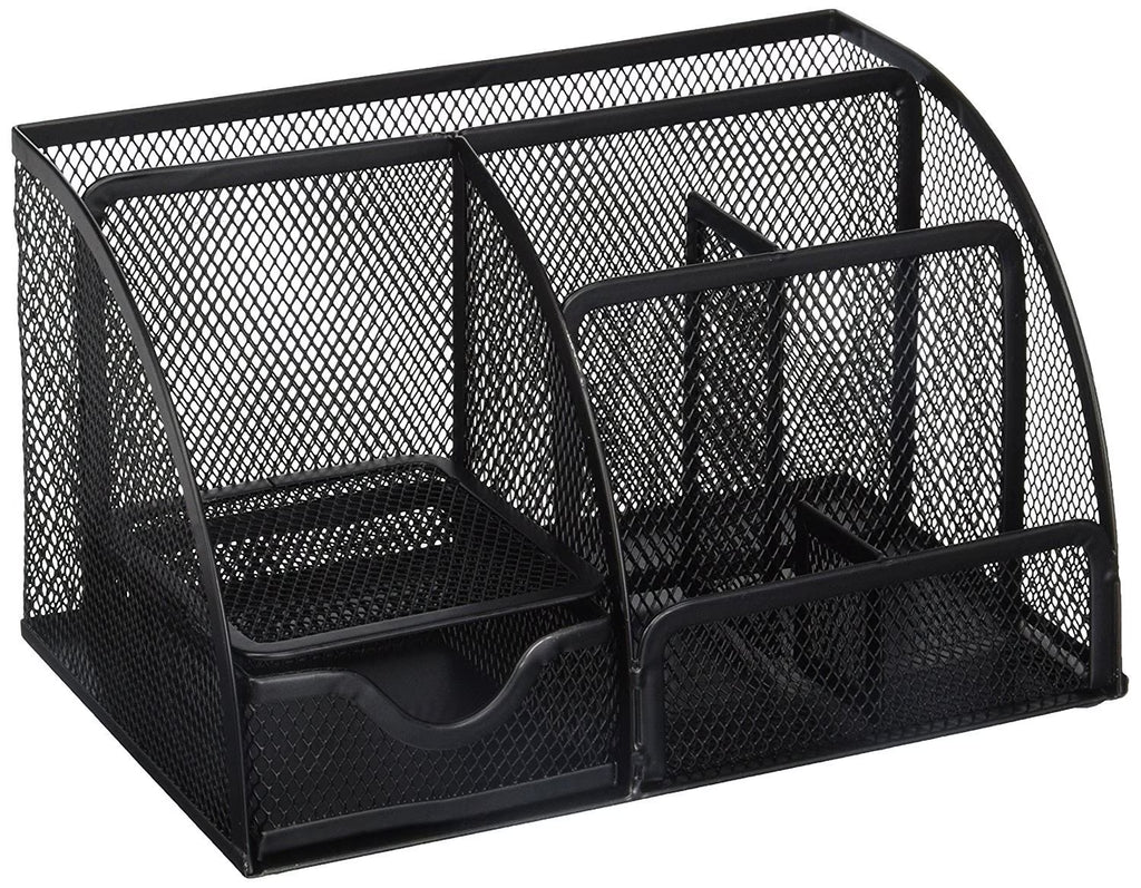 Storageaid OM213 Classic Black Office Supplies Desk Organizer Caddy, 6 Compartments, Drawer, Pen Holder, Memo Holder & File Holder