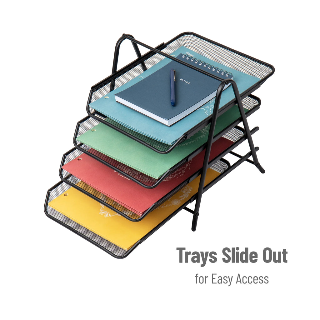 4-Tier Paper Tray, Desktop Organizer, File Storage, Office, Metal, Pack of 2, Black
