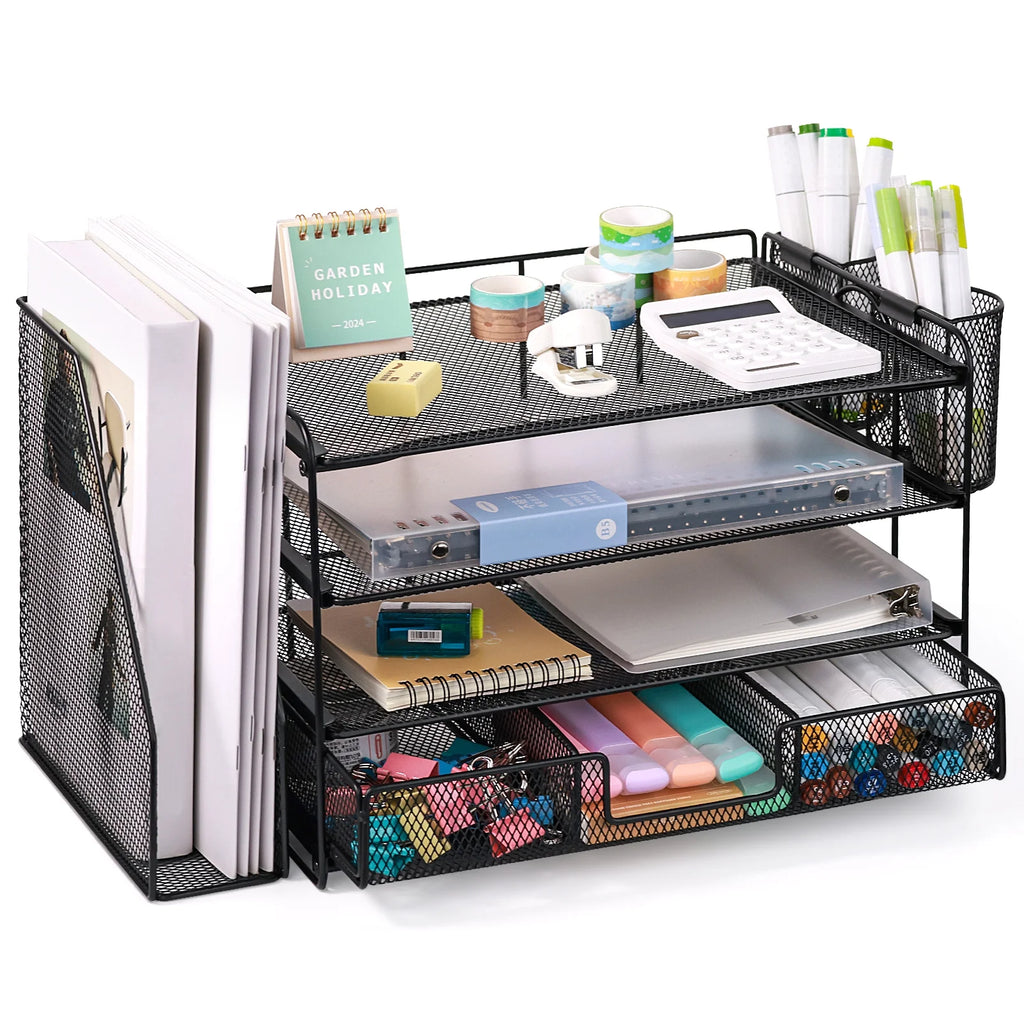 Desktop Organizer 4-Tier Desk Organizers Sets and Storage, File Organizers for Desk Drawer Organizer, Paper Organizer for Desk (Black)