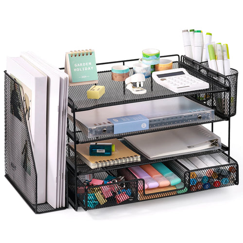 Desktop Organizer 4-Tier Desk Organizers Sets and Storage, File Organizers for Desk Drawer Organizer, Paper Organizer for Desk (Black)
