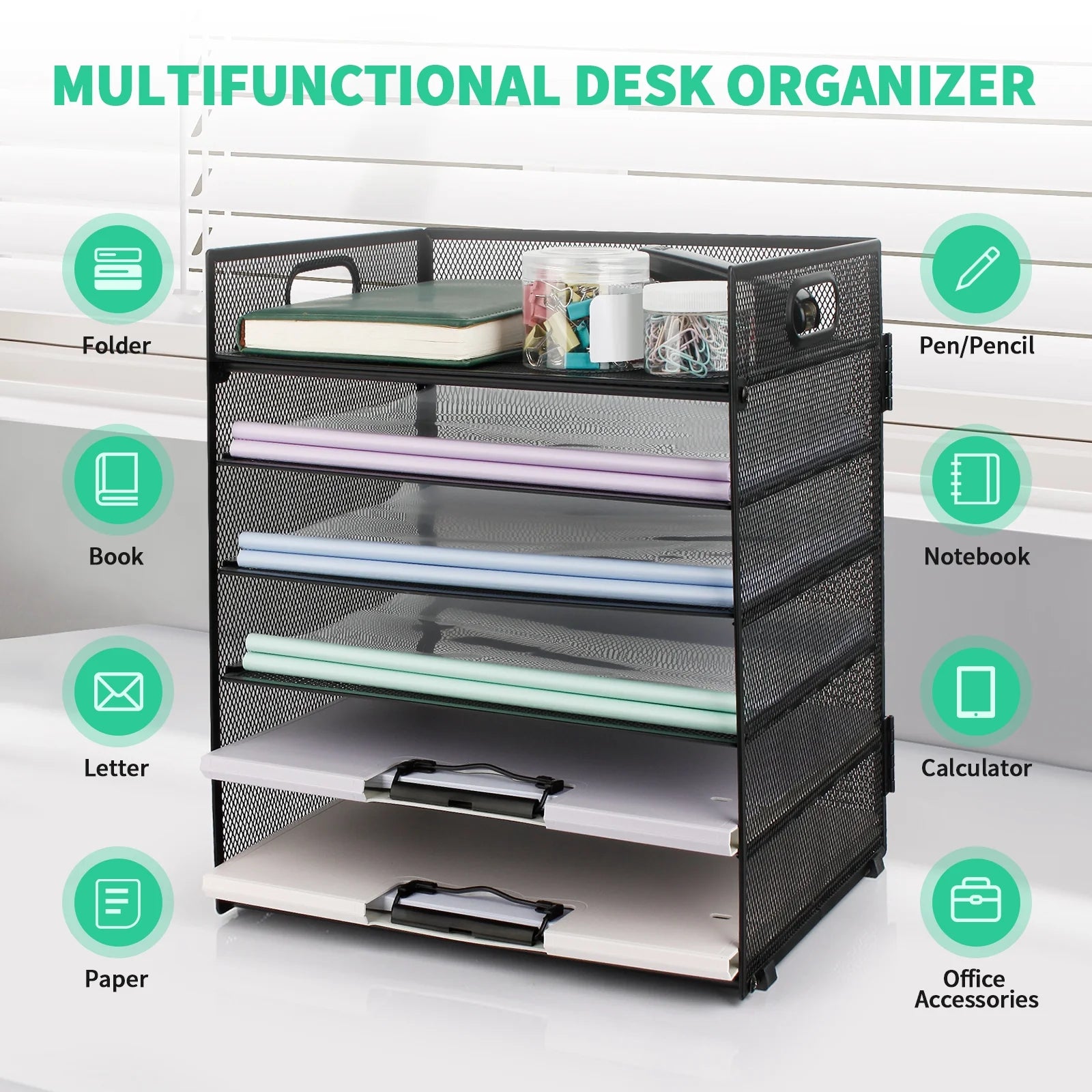 6-Tier Desk Organizer Paper Storage Box ,Stationery Tray with Handle Mesh Stationery Tray Desktop File Classifier, Suitable for Office, Home