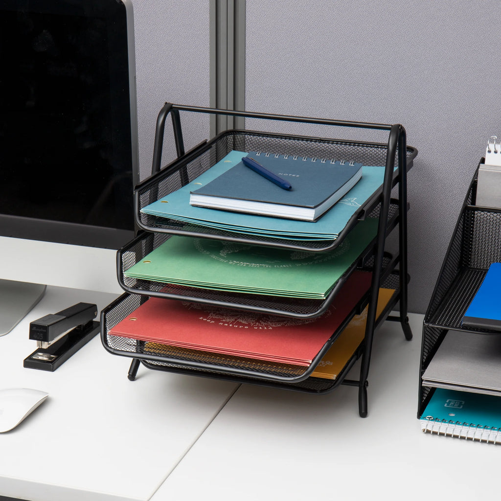 4-Tier Paper Tray, Desktop Organizer, File Storage, Office, Metal, Pack of 2, Black