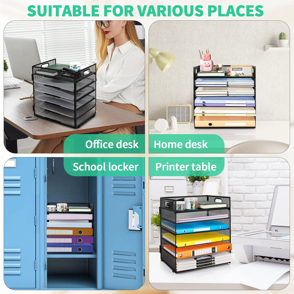 6-Tier Desk Organizer Paper Storage Box ,Stationery Tray with Handle Mesh Stationery Tray Desktop File Classifier, Suitable for Office, Home