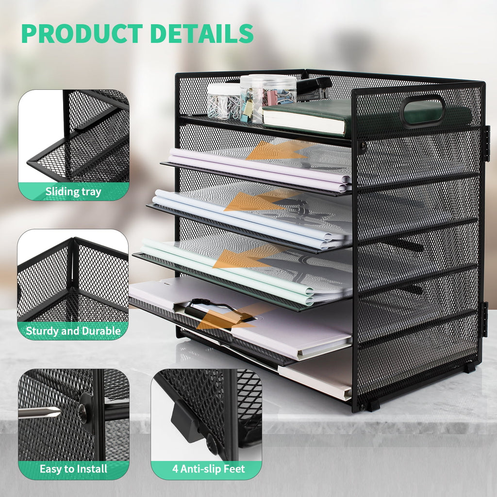 6-Tier Desk Organizer Paper Storage Box ,Stationery Tray with Handle Mesh Stationery Tray Desktop File Classifier, Suitable for Office, Home
