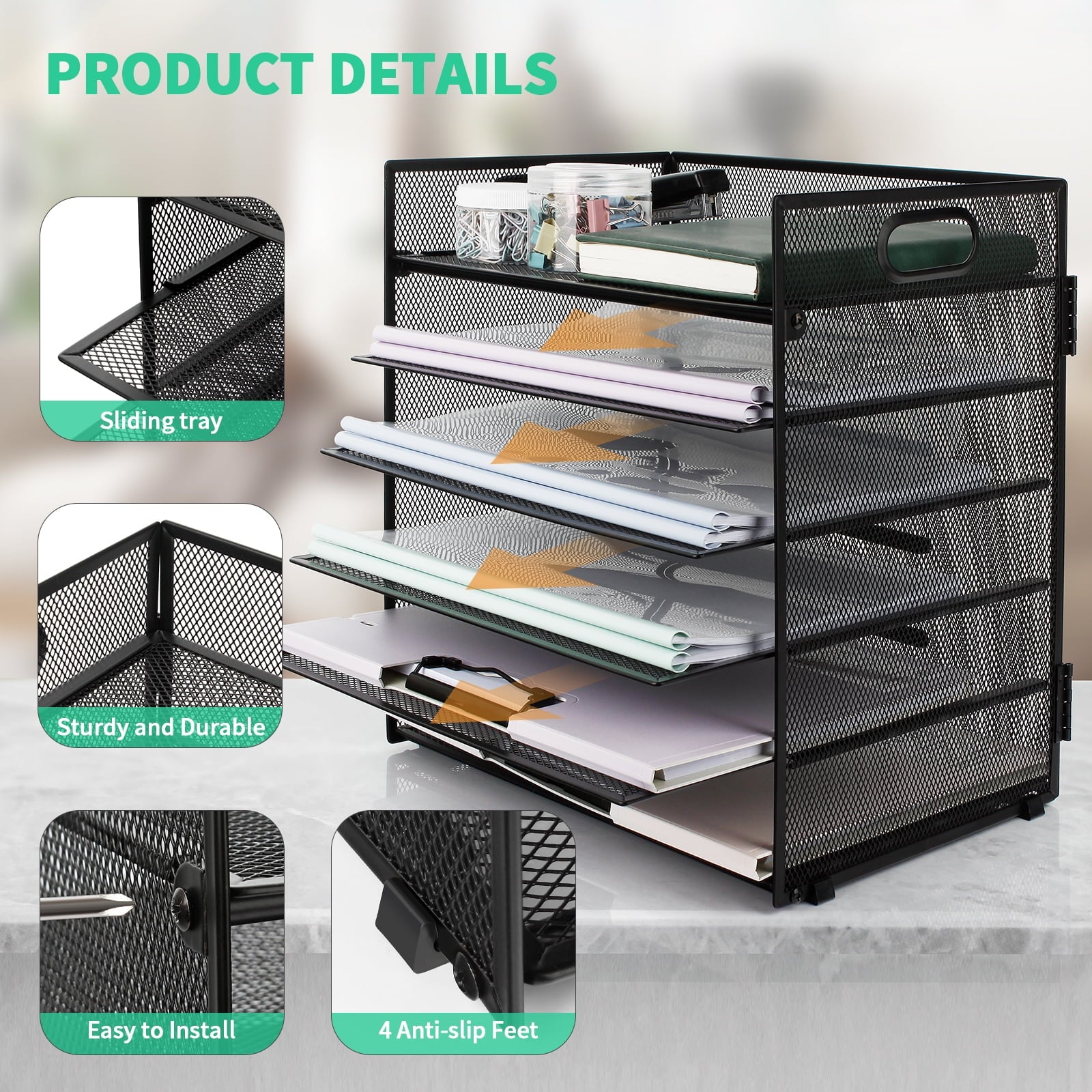6-Tier Desk Organizer Paper Storage Box ,Stationery Tray with Handle Mesh Stationery Tray Desktop File Classifier, Suitable for Office, Home