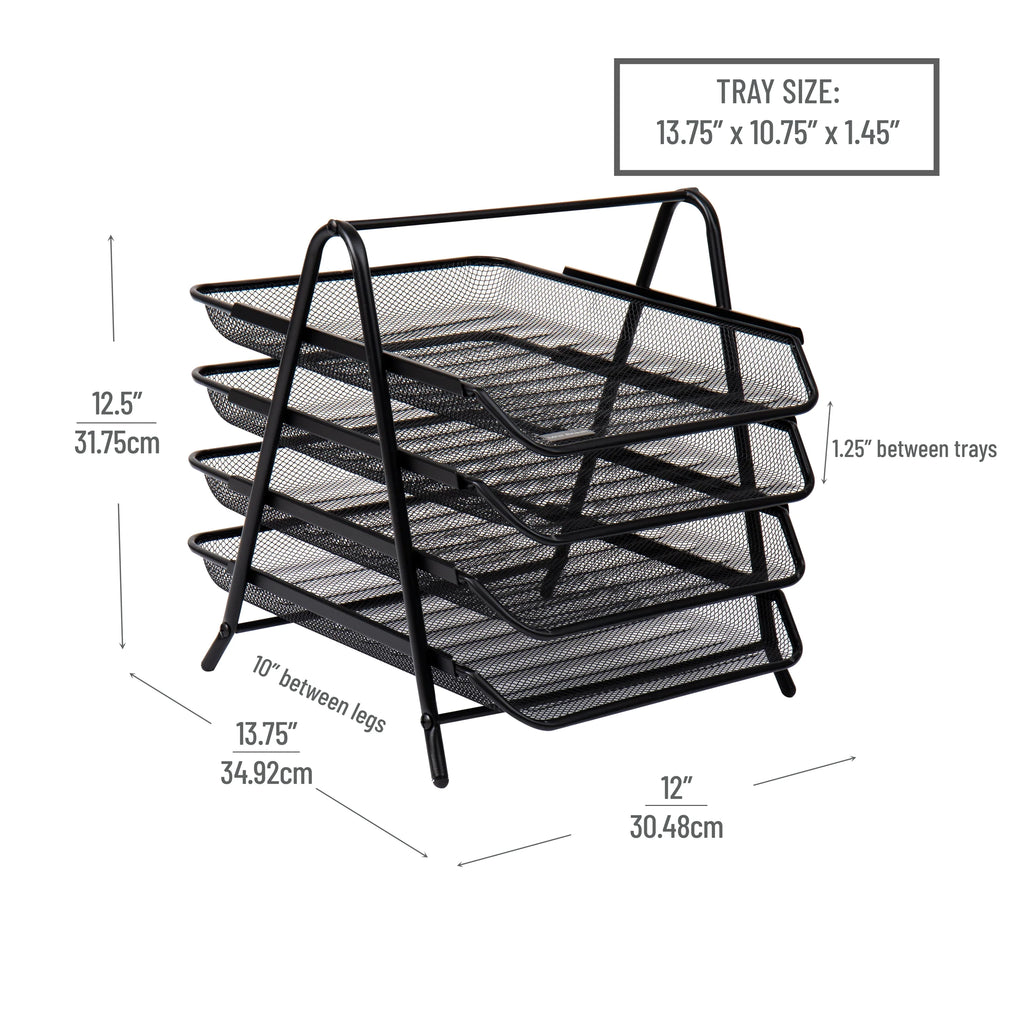 4-Tier Paper Tray, Desktop Organizer, File Storage, Office, Metal, Pack of 2, Black