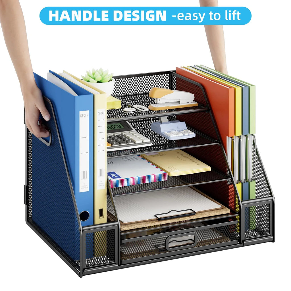 Desk Organizers with File Holder, 5-Tier Paper Letter Tray Organizer with Handle, Extra Vertical File Sorter with Drawer and 2 Pen Holder