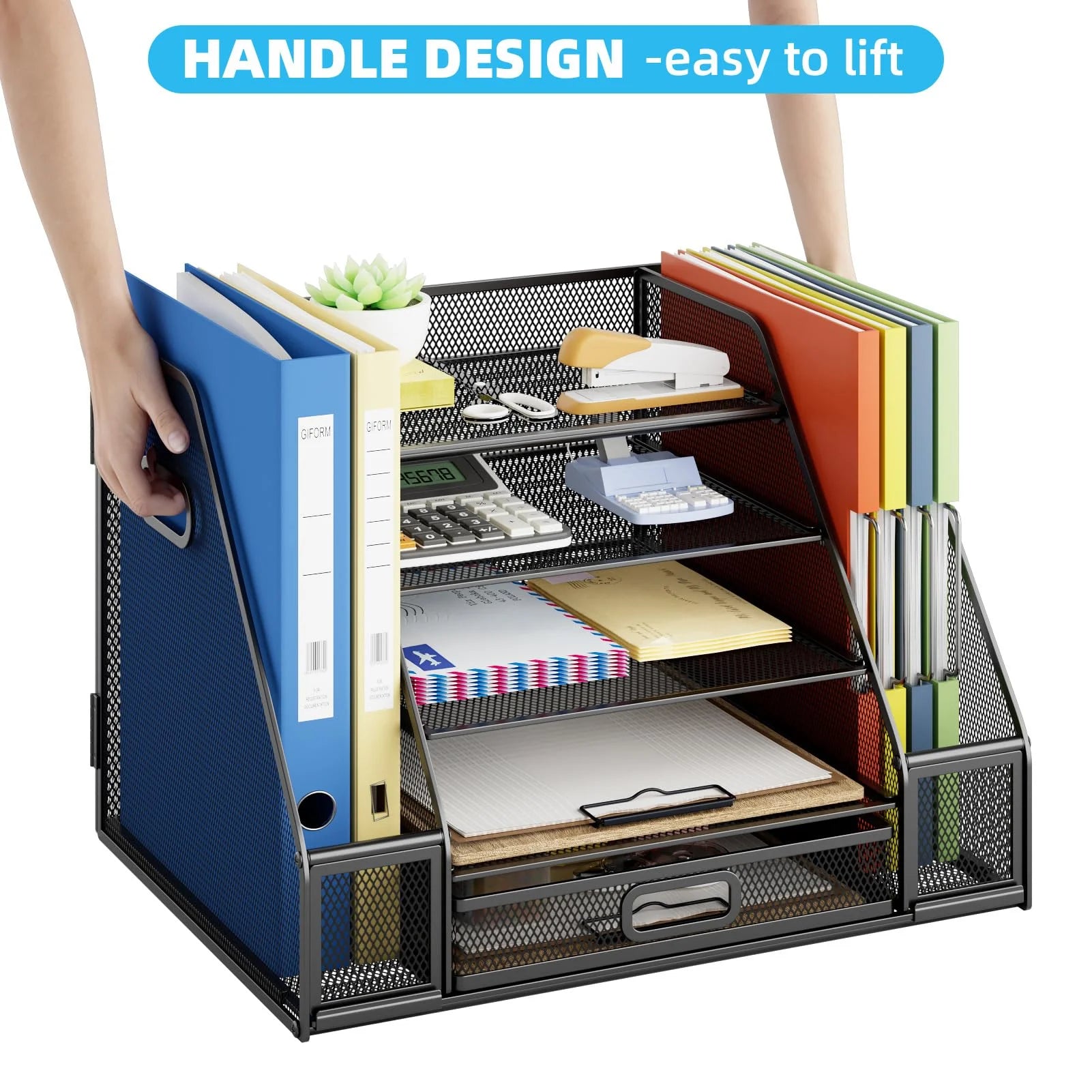 Desk Organizers with File Holder, 5-Tier Paper Letter Tray Organizer with Handle, Extra Vertical File Sorter with Drawer and 2 Pen Holder
