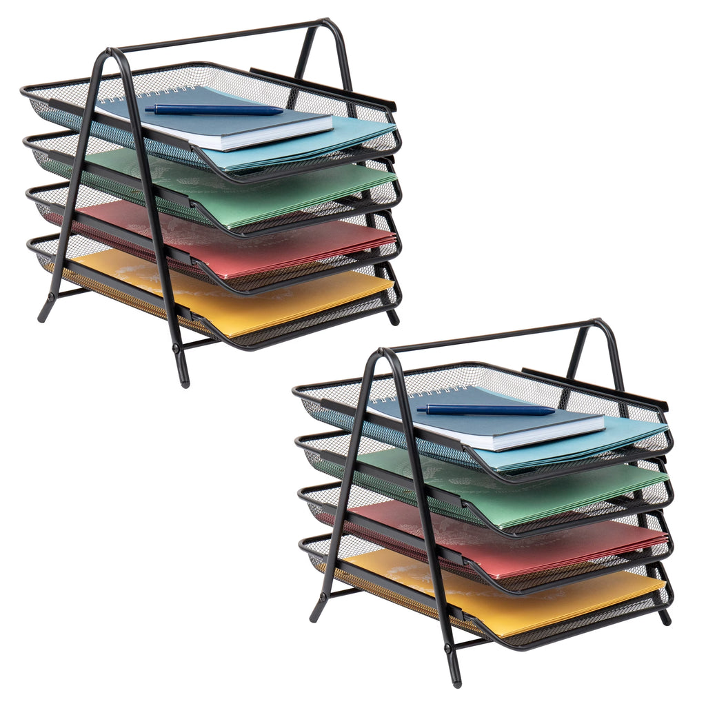 4-Tier Paper Tray, Desktop Organizer, File Storage, Office, Metal, Pack of 2, Black