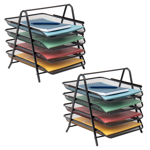 4-Tier Paper Tray, Desktop Organizer, File Storage, Office, Metal, Pack of 2, Black