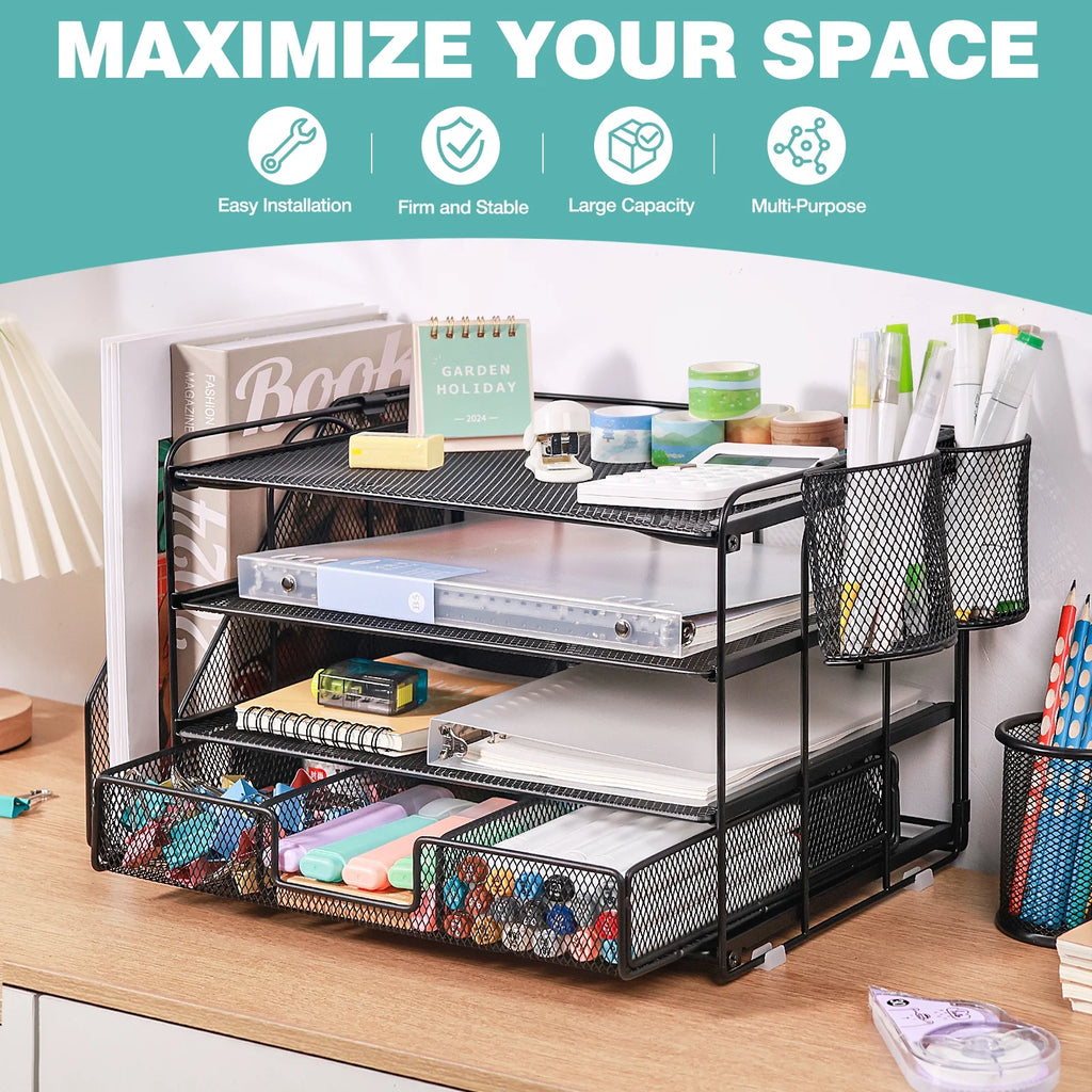 Desktop Organizer 4-Tier Desk Organizers Sets and Storage, File Organizers for Desk Drawer Organizer, Paper Organizer for Desk (Black)