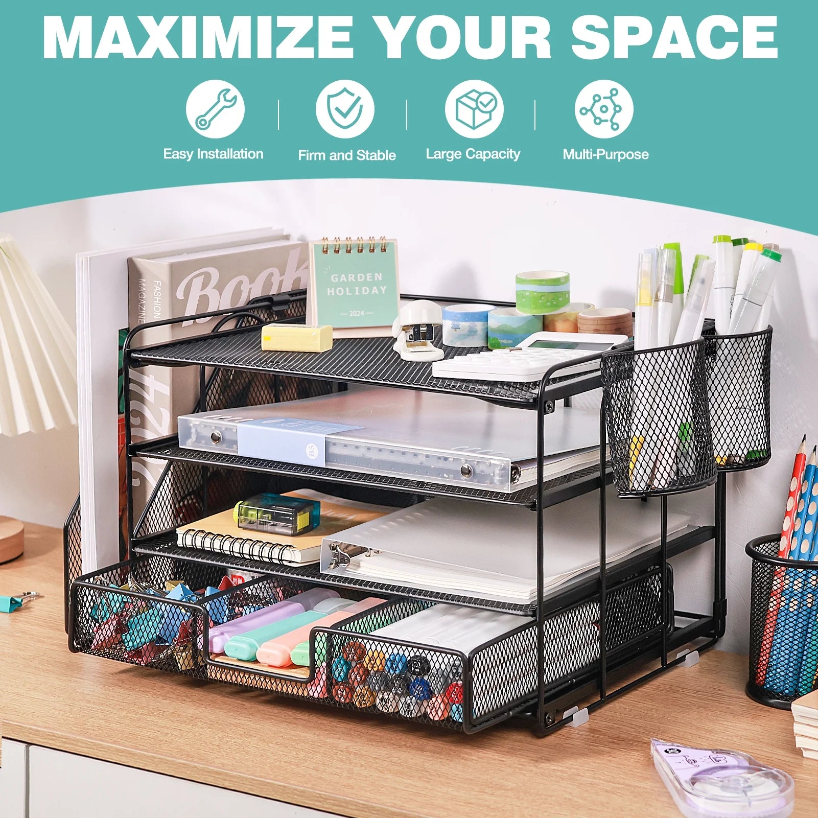 Desktop Organizer 4-Tier Desk Organizers Sets and Storage, File Organizers for Desk Drawer Organizer, Paper Organizer for Desk (Black)