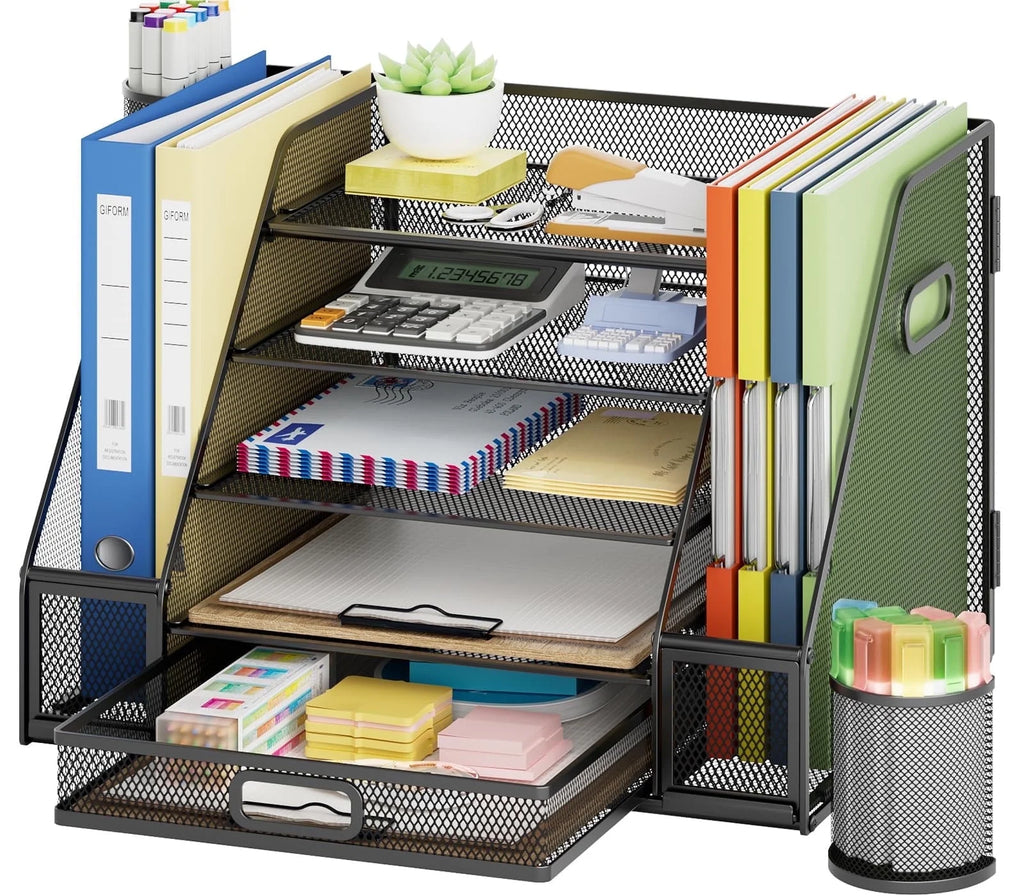 Desk Organizers with File Holder, 5-Tier Paper Letter Tray Organizer with Handle, Extra Vertical File Sorter with Drawer and 2 Pen Holder