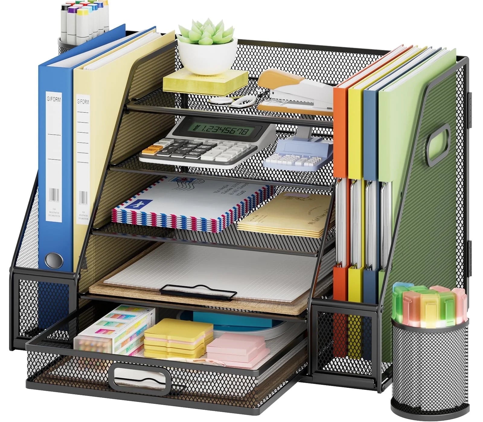 Desk Organizers with File Holder, 5-Tier Paper Letter Tray Organizer with Handle, Extra Vertical File Sorter with Drawer and 2 Pen Holder