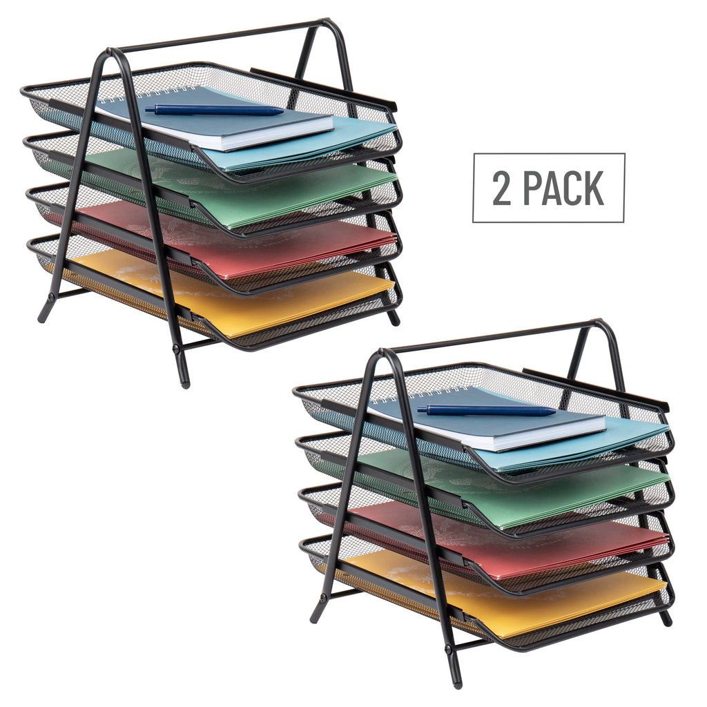 4-Tier Paper Tray, Desktop Organizer, File Storage, Office, Metal, Pack of 2, Black