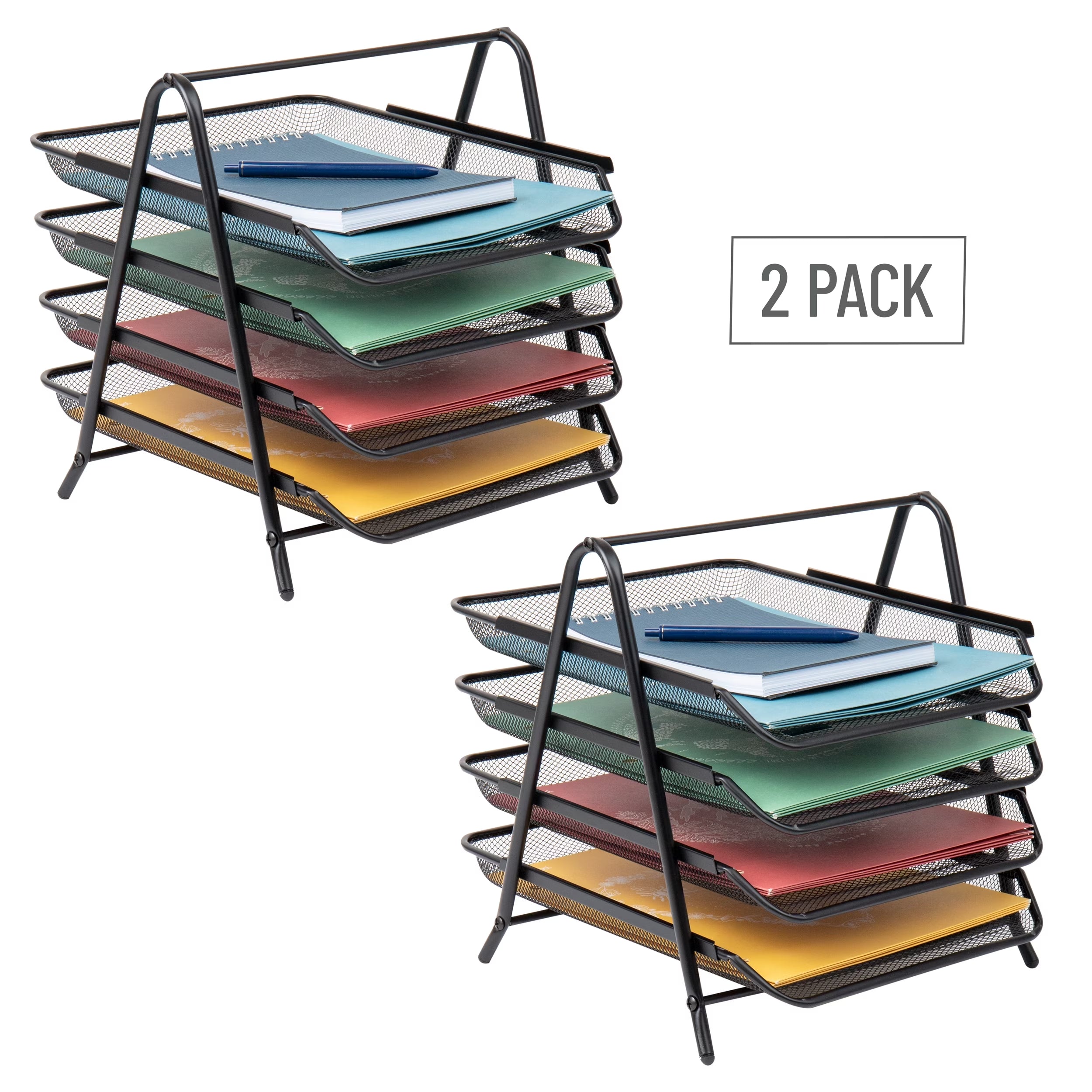 4-Tier Paper Tray, Desktop Organizer, File Storage, Office, Metal, Pack of 2, Black