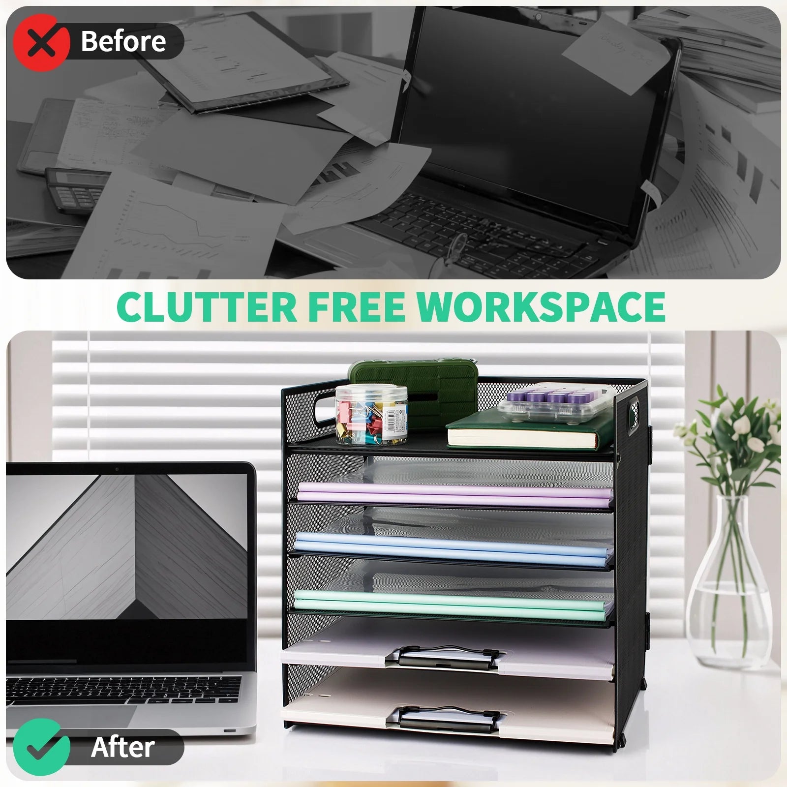 6-Tier Desk Organizer Paper Storage Box ,Stationery Tray with Handle Mesh Stationery Tray Desktop File Classifier, Suitable for Office, Home