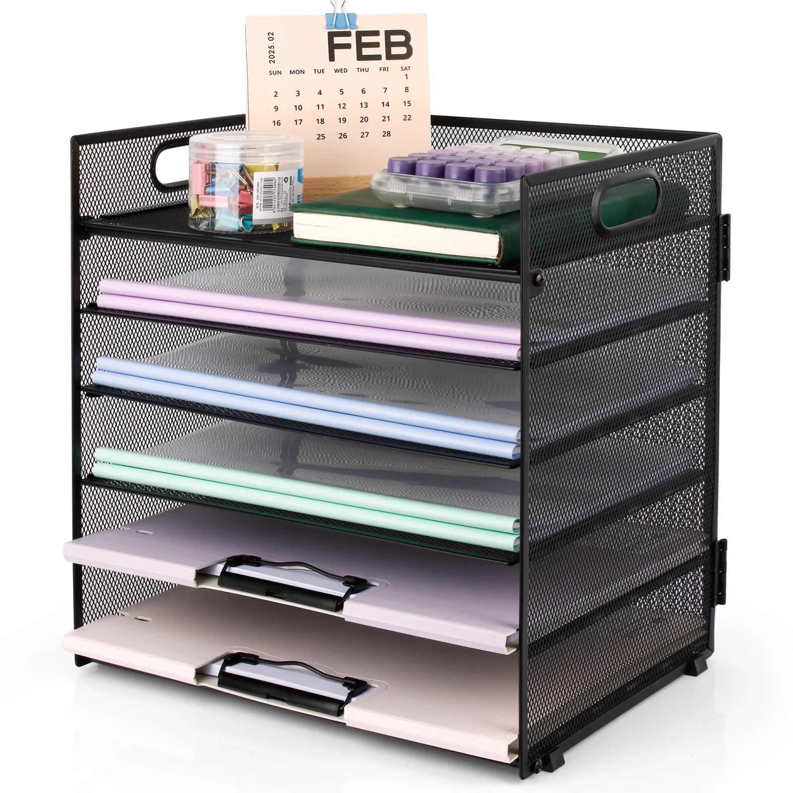 6-Tier Desk Organizer Paper Storage Box ,Stationery Tray with Handle Mesh Stationery Tray Desktop File Classifier, Suitable for Office, Home