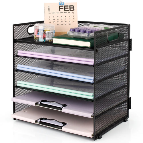 6-Tier Desk Organizer Paper Storage Box ,Stationery Tray with Handle Mesh Stationery Tray Desktop File Classifier, Suitable for Office, Home
