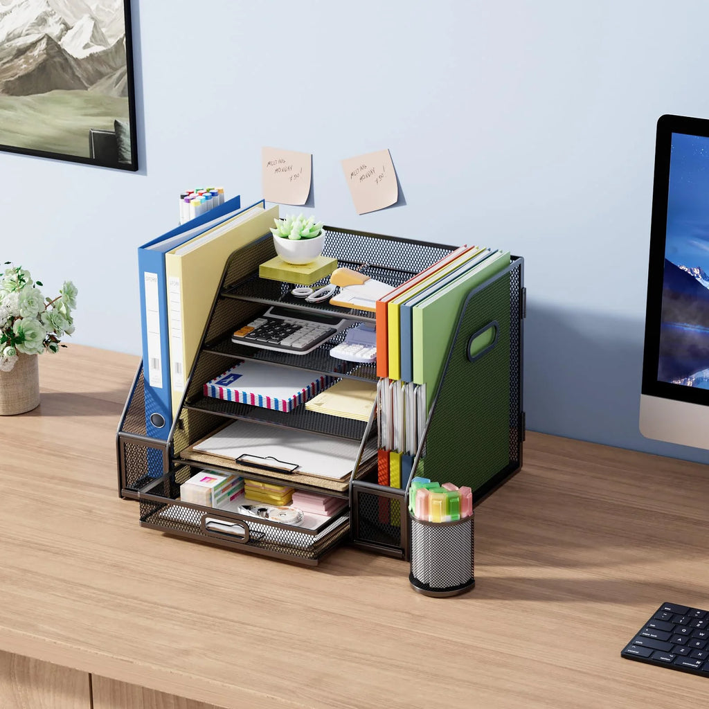 Desk Organizers with File Holder, 5-Tier Paper Letter Tray Organizer with Handle, Extra Vertical File Sorter with Drawer and 2 Pen Holder
