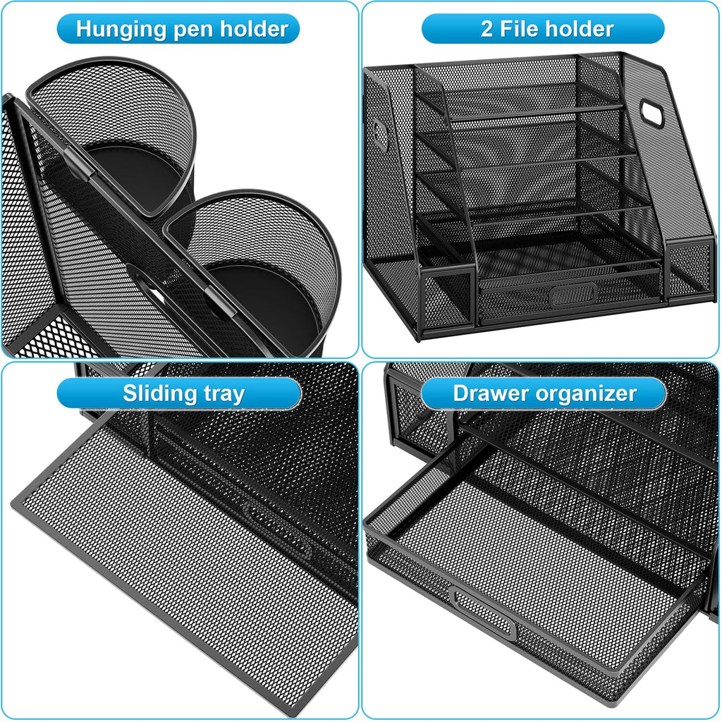 Desk Organizers with File Holder, 5-Tier Paper Letter Tray Organizer with Handle, Extra Vertical File Sorter with Drawer and 2 Pen Holder
