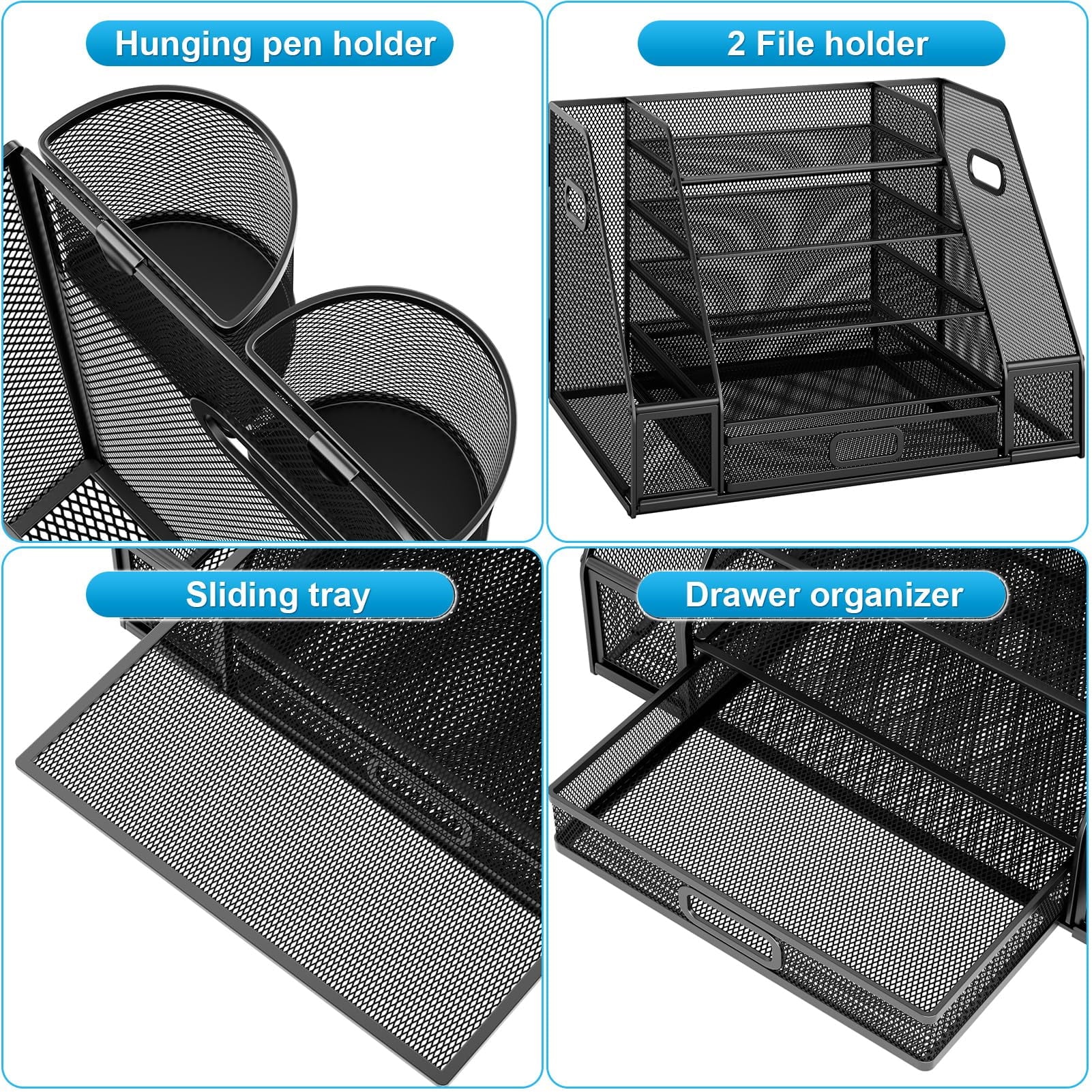 Desk Organizers with File Holder, 5-Tier Paper Letter Tray Organizer with Handle, Extra Vertical File Sorter with Drawer and 2 Pen Holder