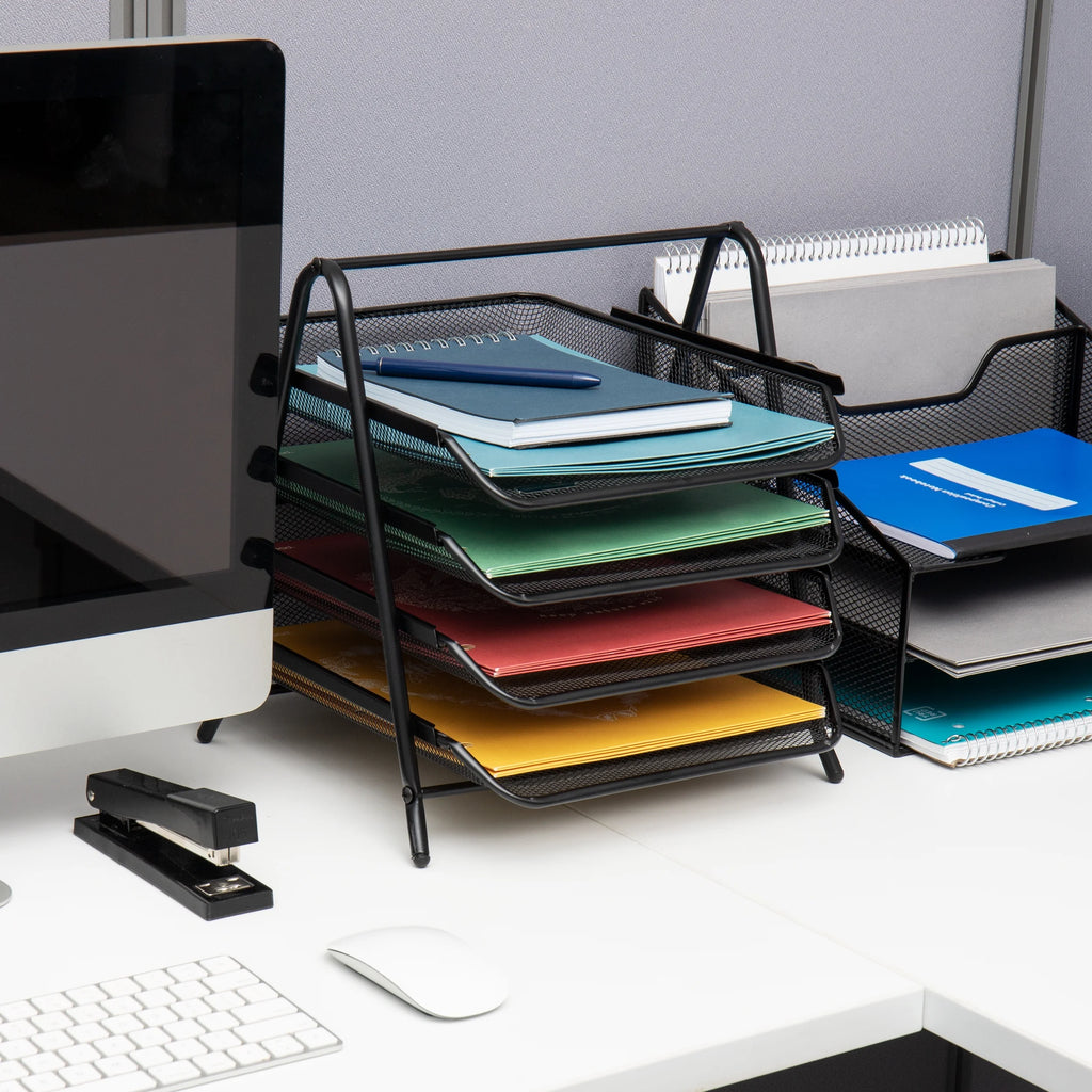 4-Tier Paper Tray, Desktop Organizer, File Storage, Office, Metal, Pack of 2, Black