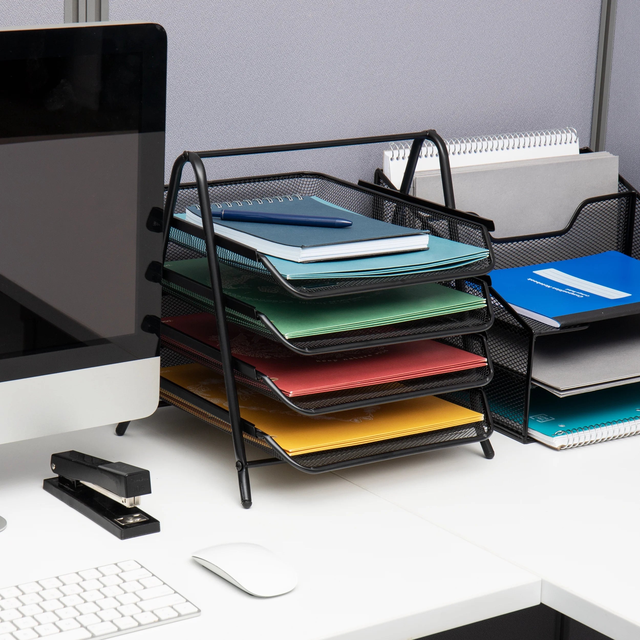 4-Tier Paper Tray, Desktop Organizer, File Storage, Office, Metal, Pack of 2, Black