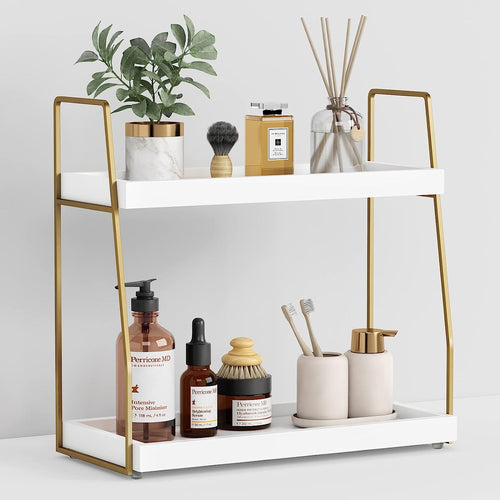 Bathroom Organizer Countertop, Counter Organizer for Bathroom Decor, Wooden Sink Shelf for Vanity Storage, Makeup Tray for Perfume Skincare Bedroom Kitchen Corner (2 Tier, White and Gold)